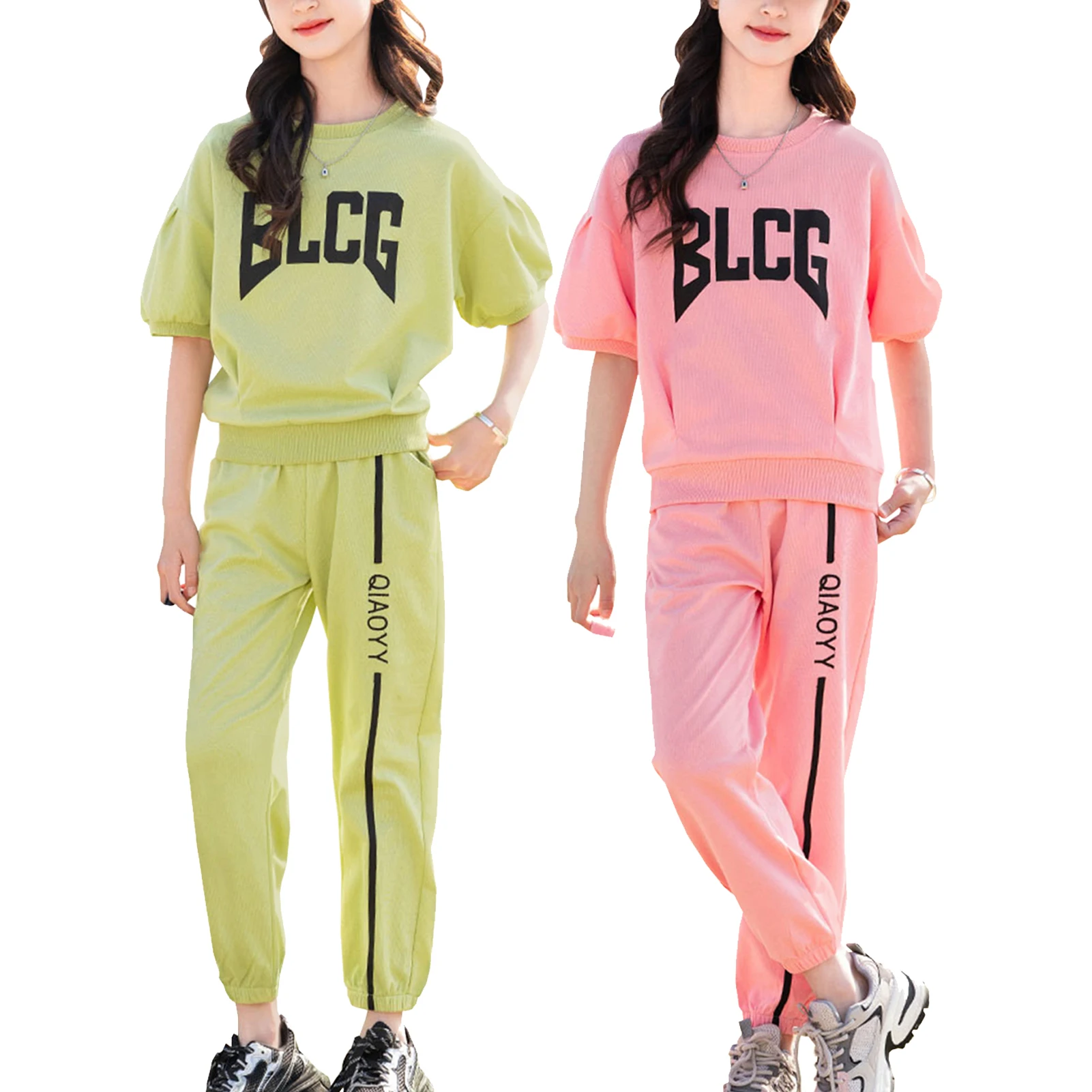 

Children's Summer Tracksuits Letter Print Short-Sleeved Tops with Pants Casual Girls Sweatershirt Knitted 2-Piece Teens Outfits