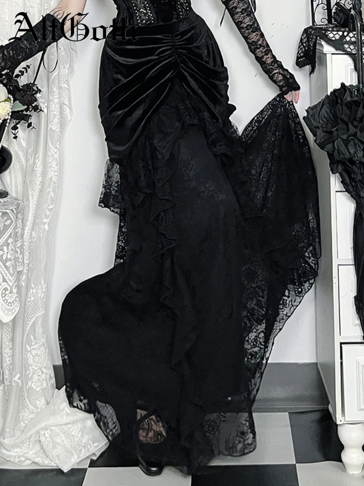 

AltGoth винтажная бархатная юбка в дворцовом стиле женская темная готическая Хэллоуин косплей кружевная лоскутная юбка с высокой талией банкетные вечерние юбки