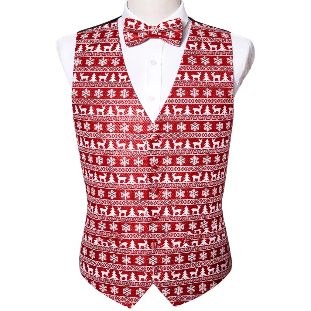 Designer Christmas Vest for Men Silk Red Green White Gold Snowflake Santa Claus Elk Waistcoat Tie Bowtie Set Party Barry Wang