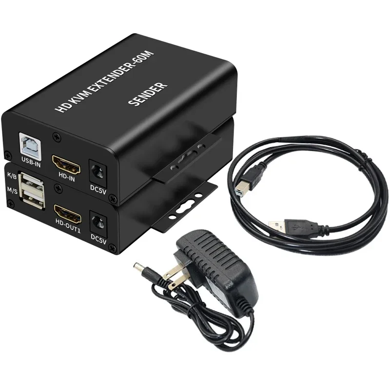 

60M HDMI KVM-удлинитель через Ethernet-кабель Cat6, видеоотправитель, передатчик и приемник, поддержка USB-клавиатуры, мыши, одностороннее питание