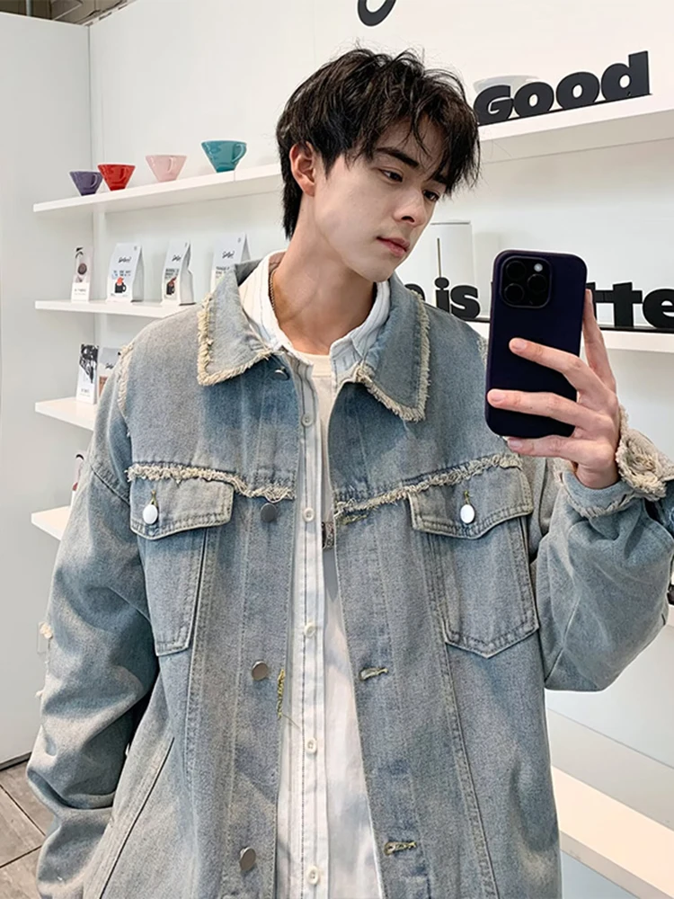 

Men's Loose Fit Denim Jaet Spring New Design Tear Splicing Workwear Jaet Casual Versatile Top Youth Trend