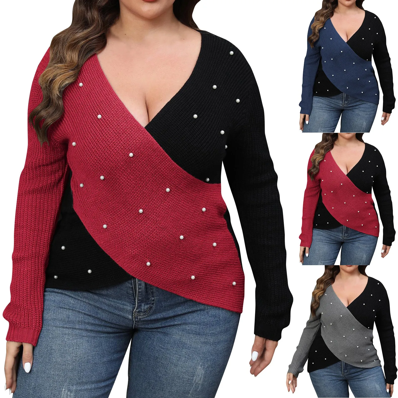 Grote Tops Voor Dames Botsen Met Colour Splicing Deep V-Cross Sweater Tops Met Kralen En Herfst Nieuwe Comfortabele Tops