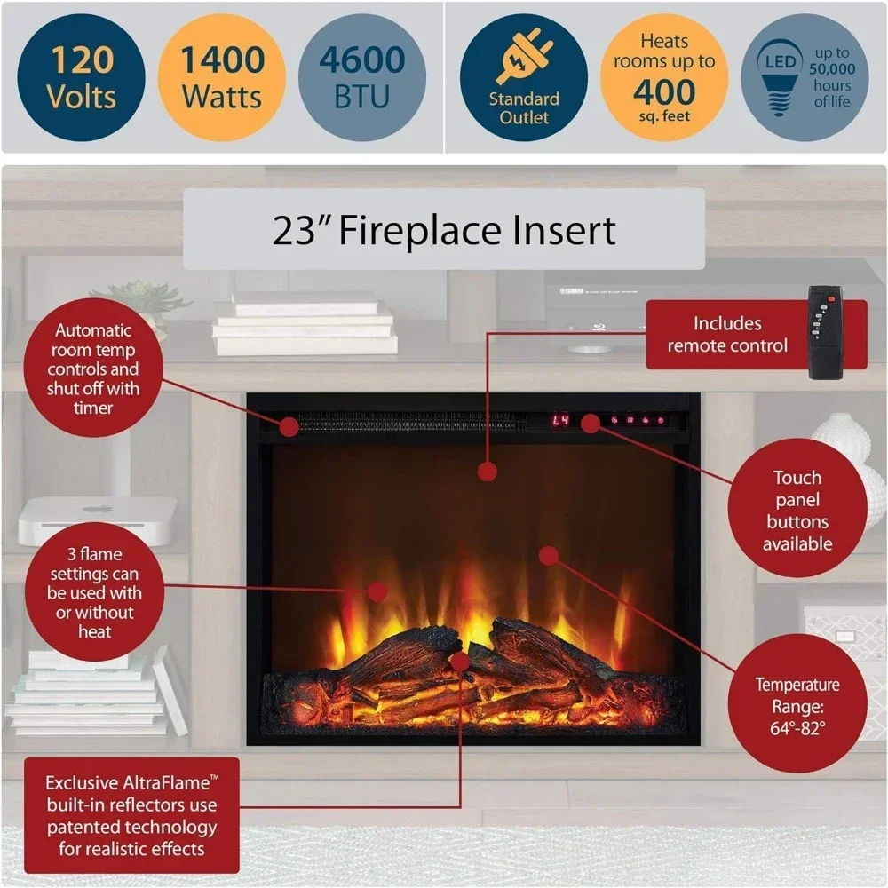 Console TV cheminée électrique pour téléviseurs jusqu'à 60 ", ivoire enrichi, étagère supérieure ouverte et 2 armoires latérales avec technologie LED longue durée