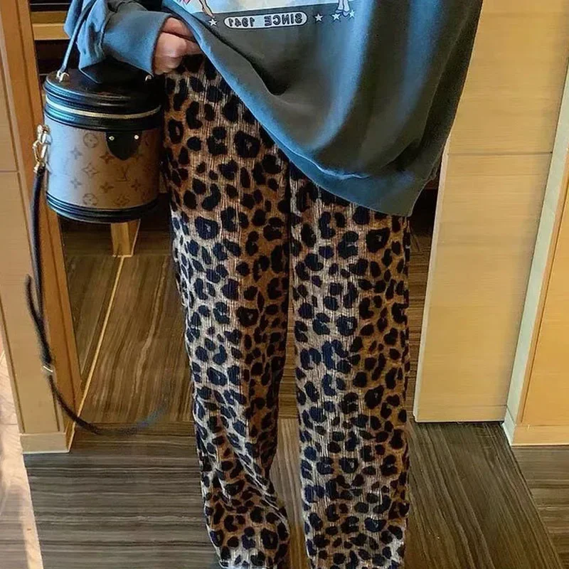 

Fashion Loose Leopard Printed Vintage Wide Leg Pants Female Spring Casual High Waist Straight Trousers Women's Clothing LJ455