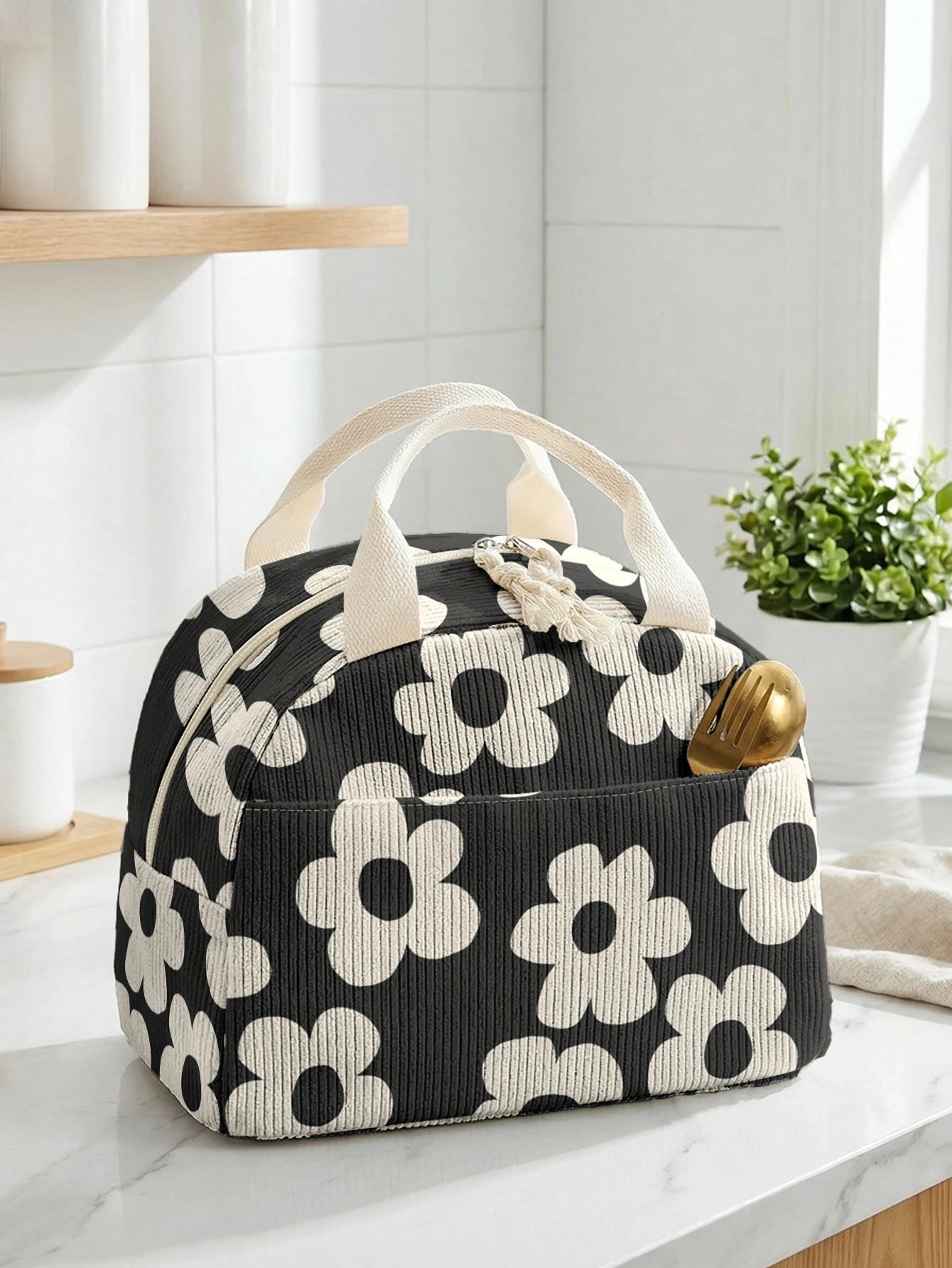 Retro Black White Floral Insulated Lunch Bag Corduroy Portable Hand Food Storage Tote For School Outdoor Travel