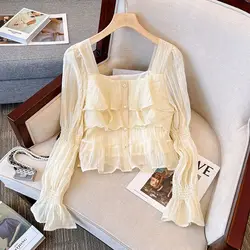 Autumn New Sweet French Design Sense Short Ruffled Chiffon Shirt with Feminine Temperament Lantern Sleeve Top