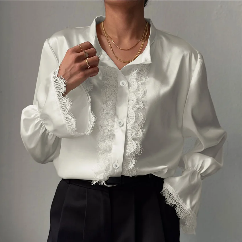 2026 Spring Women's Elegant Luxury White Satin Shirt Lace Detail Stand Collar Bell Sleeve Loose Fit Office Afternoon Tea Top