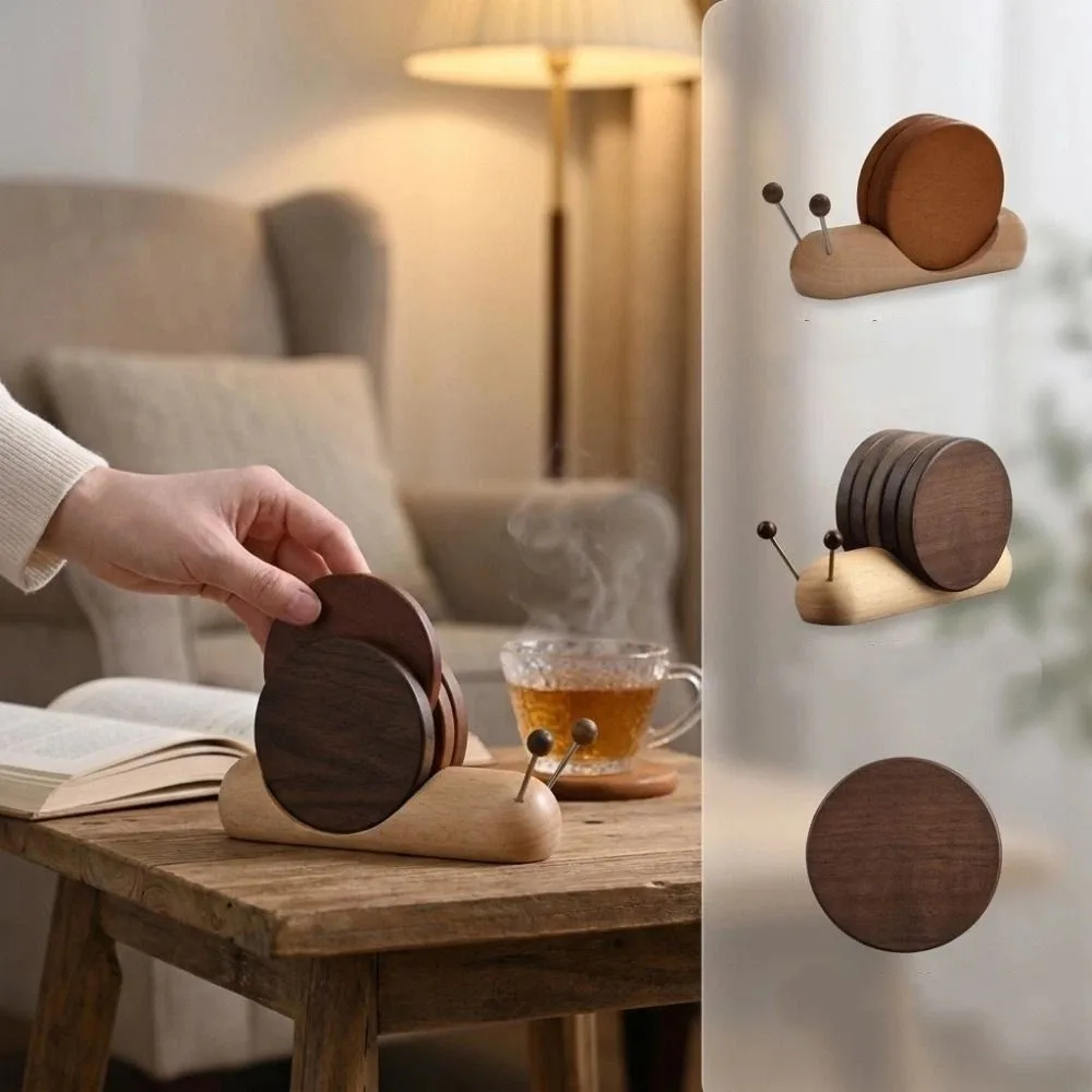 Non Slip Base Snail Coaster Set Heat Resistant Magnetic Attachment Snail Heat Insulation Pad Wooden Cute Snail Bowl Pad