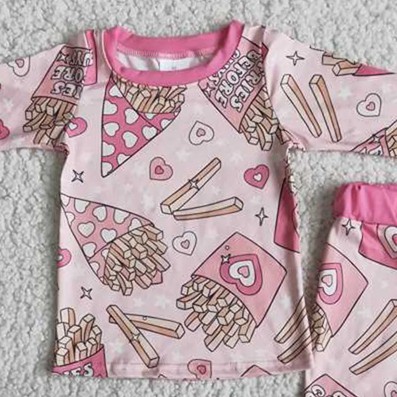 Hot Sale Baby Girls French Fries Heart Long Sleeve pajamas Valentine's  Boutique Wholesale Children Clothing Fashion Outfits