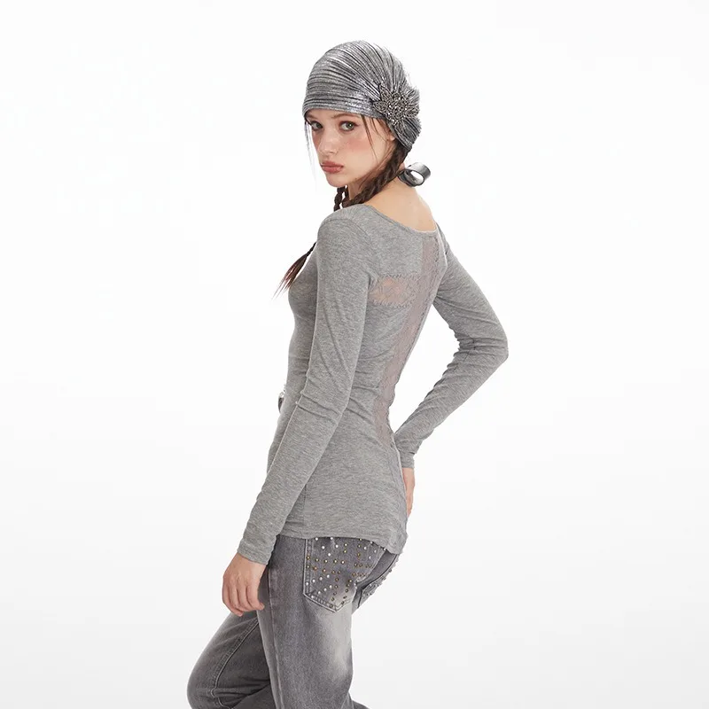 탑스 티셔츠 언더셔츠 여성용 긴팔 컷아웃 레이스 슬림핏 매혹적인 새로운 유행 캐주얼 편안한 미니멀리스트 니치