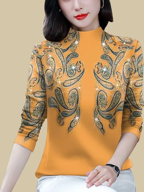

Thickened Fleece Long Sleeve Printed T-Shirt for Middle-Aged Women High Neck Warm Casual Style Polyester Fiber Belly Covering...