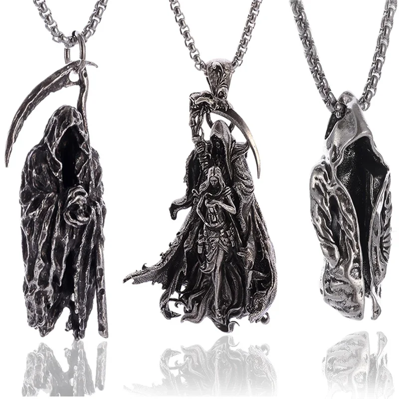 Vintage Goth Hell Reaper Scythe Necklace Pendant Mystic Demon Necklace for Men Punk Personality Halloween Trend Jewelry