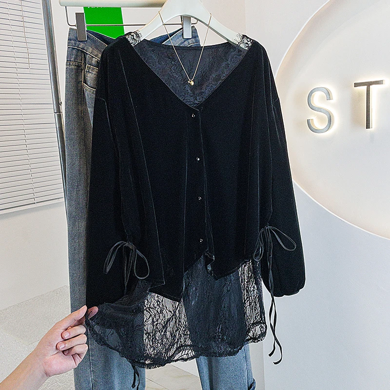 

Ele Large Size Women's Long Sve irt Jaet Outerwear Spring Autumn New Sle Commute Artistic Sle Fake Two-Piece