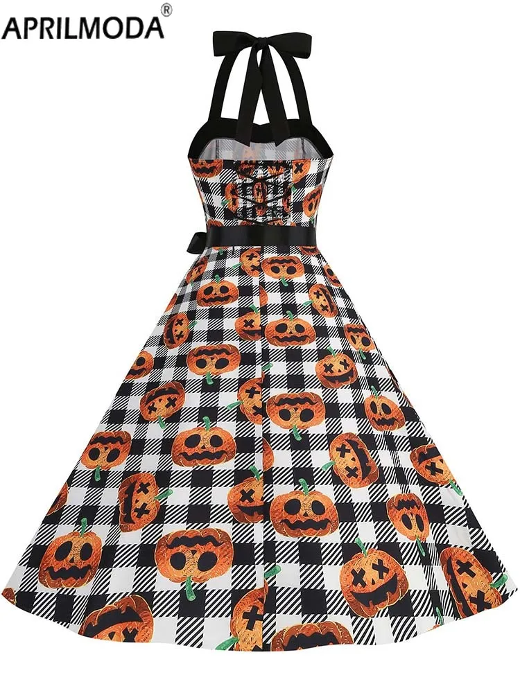 Holiday Halter Printed Halloween Dresses for Women 2024 Elegant Robe 50s 60s Retro Vintage Party Dresses Cosplay Costume