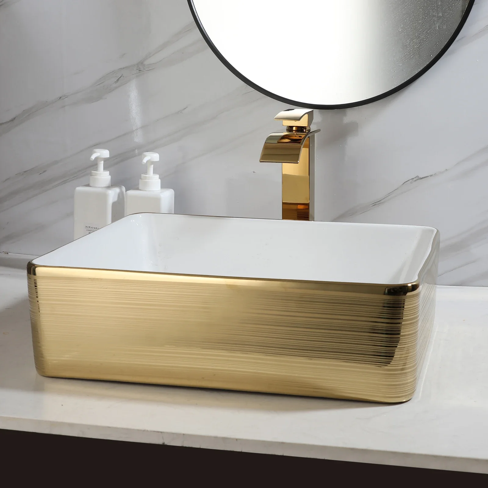 Gold Ceramic Vessel Sinks for Bathroom White Rectangle Above Counter Bathroom Vessel Sink with Faucet and Drain Combo