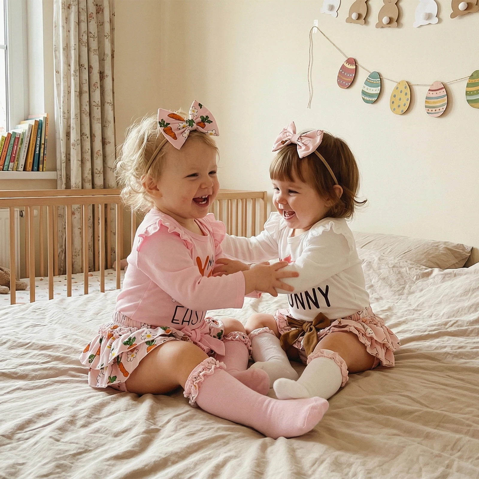 

Baby Girl Easter 4Pcs Outfit Bunny Letter Print Long Sleeve Romper Ruffle Shorts Bow Headband and Stockings Spring Set