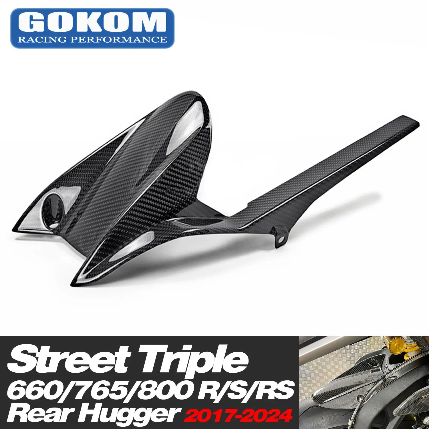 

Gokom Racing Motorcycle Parts Carbon Fiber Extended hugger & chain guard For Triumph Street Triple 660/765/800 R/S/RS 2017-2023