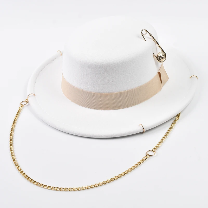 

Модная дизайнерская шляпа-федора для женщин, осенне-зимняя металлическая цепочка, декор, джазовая шляпа, вечерние церковные кепки