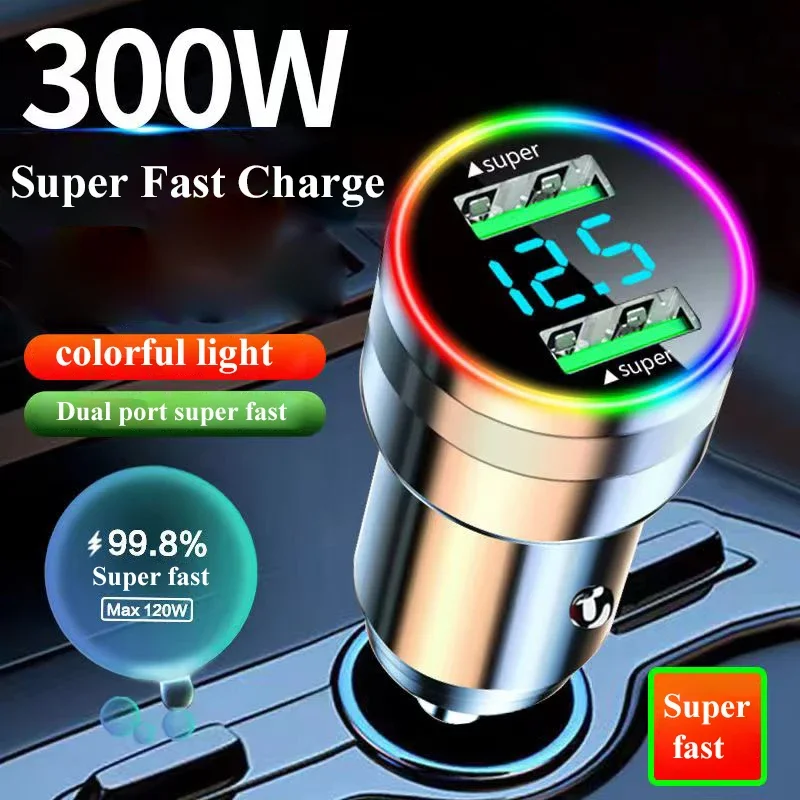 300W Dual Port USB Car Charger with LED Light Voltage Monitor Super Fast Charging Vehicle Adapter for iPhone Samsung Huawei OPPO