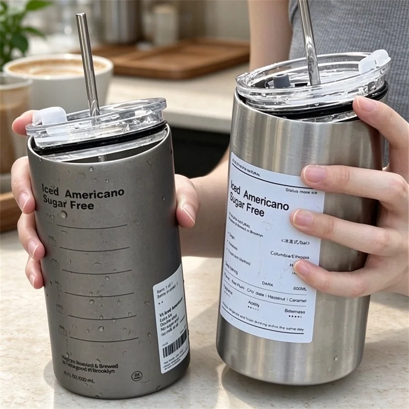 600ml Stainless Steel Insulated Coffee Cup With Straw BPA Free Portable Thermos for Hot Cold Drinks