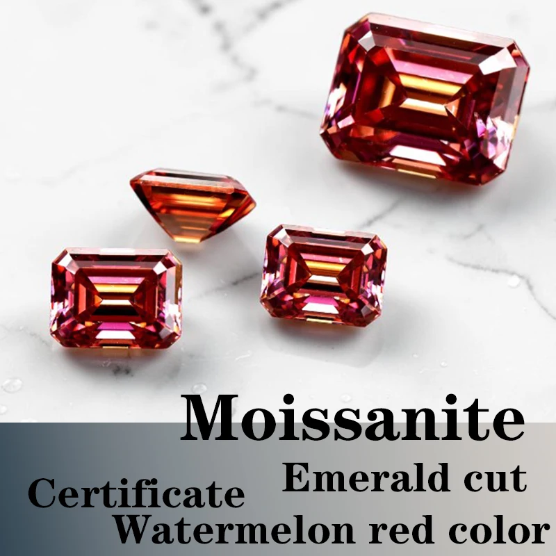 

Moissanite Stone VVS1 Emerald Cut Watermelon Red Color Certificate Synthetic Gemstone