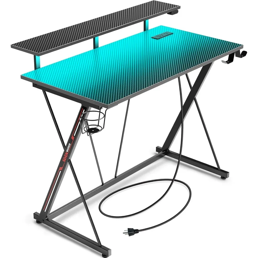 LED 조명 및 전원 콘센트가 포함된 SEVEN WARRIOR 게이밍 데스크, 모니터 선반이 포함된 31.5인치 컴퓨터 책상, 홈 오피스 데스크