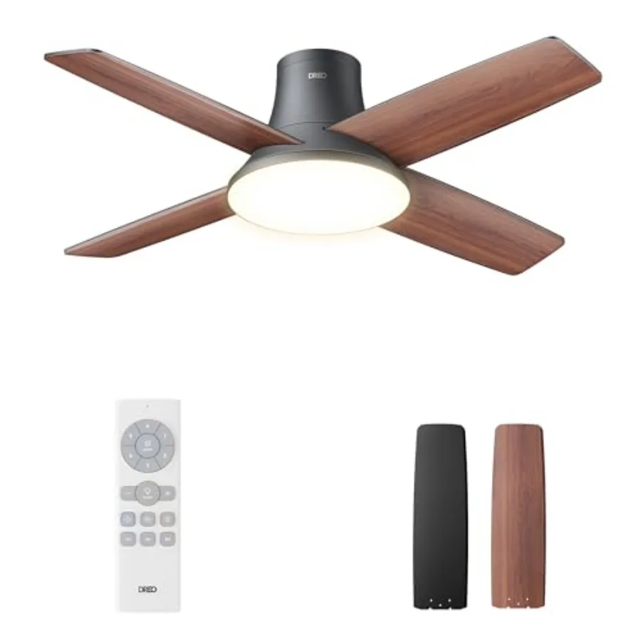 

Bedroom ceiling fan with light and remote: 44-inch low profile black flush mount, reversible motor, 5CCT LED, 6-level dimmable,