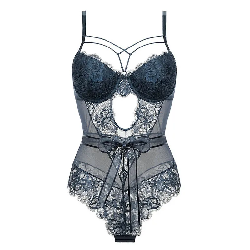 Sexy Bodysuit Womens Lace Bow Jumpsuit Underwear Hollow See-Through Bodysuit Lingerie