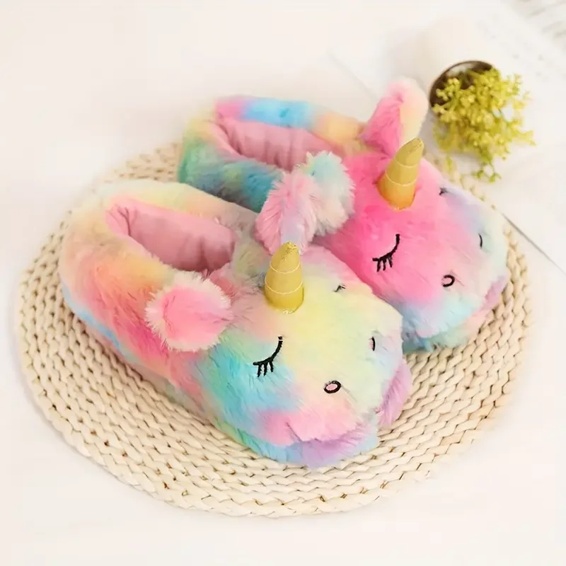 COOLSA Women Indoor Cartoon Unicorn Slippers House Candy Color Cute Warm Plush Slides Holiday Surprised Shoes