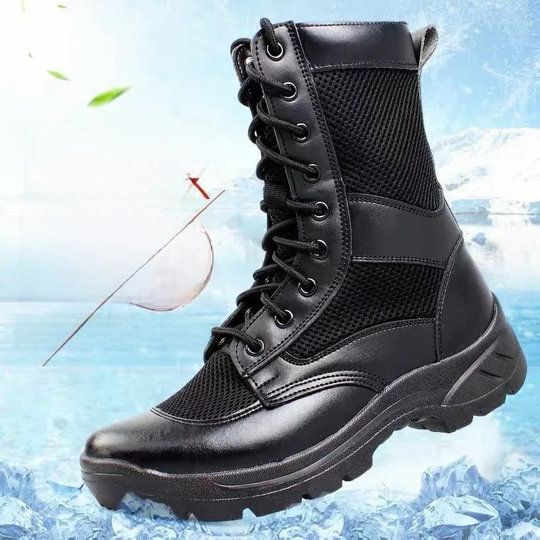 Men's Spring Autumn Breathable Mesh Leather Boots High Top Outdoor Casual Security Lace up Super Lightweight Single Skin Boots