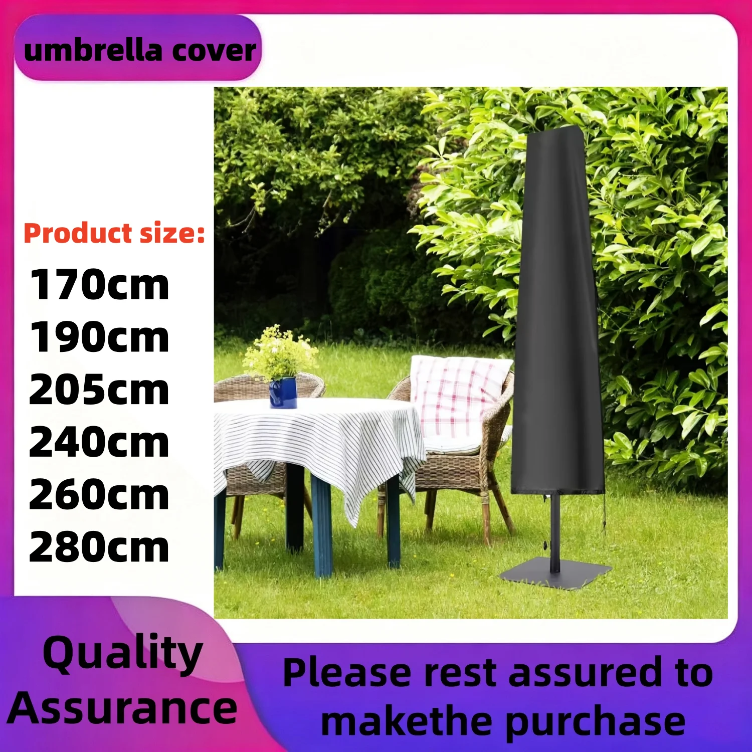 Outdoor Umbrella Cover · Thickened 210D Oxford Fabric with Silvery Coating Material · Zipper and Drawstring Design