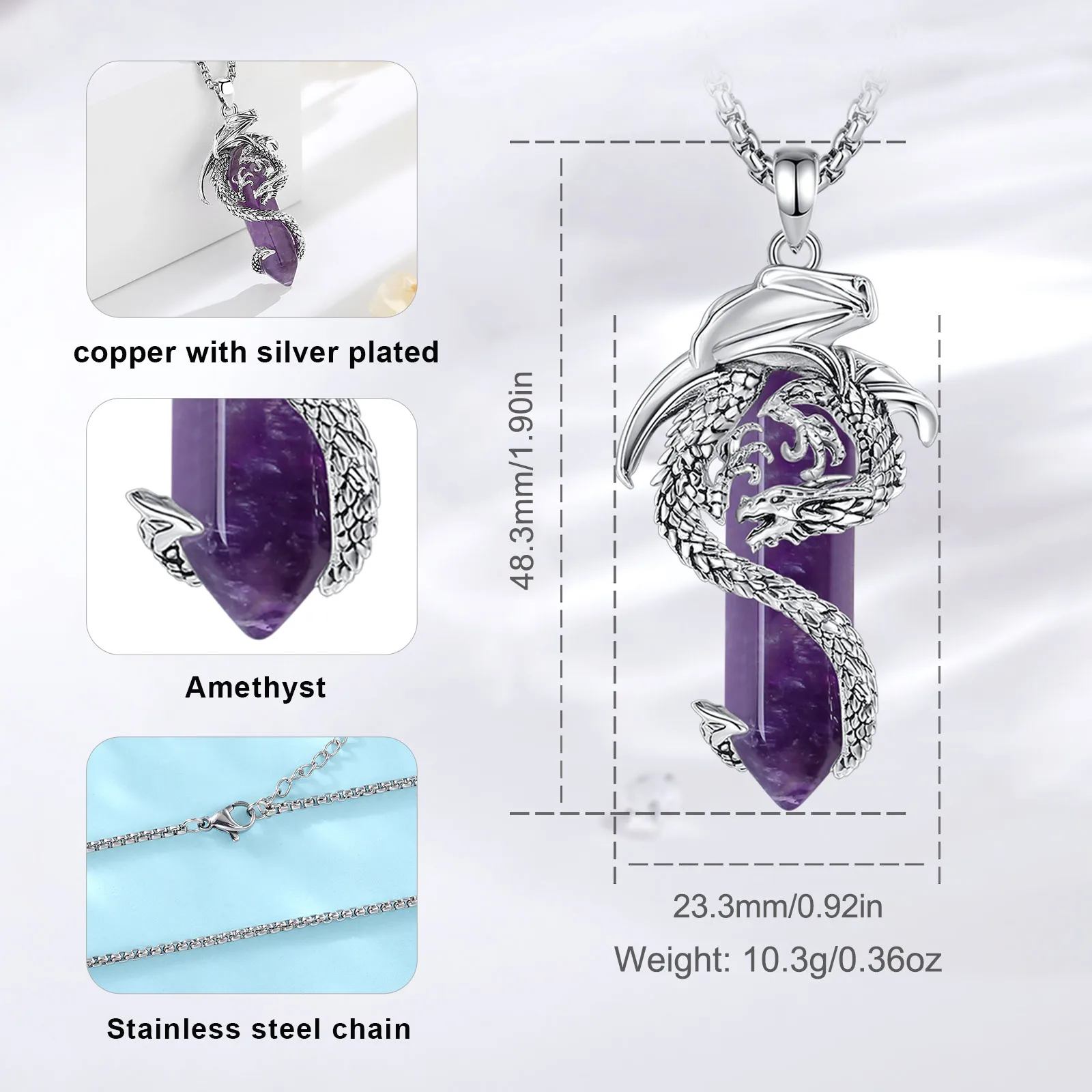 Eudora Dragon Twining Hexagonal Amethyst Prismatic Necklace Punk Healing Stone Amethyst Natural Pendant Jewelry Women Man Gift