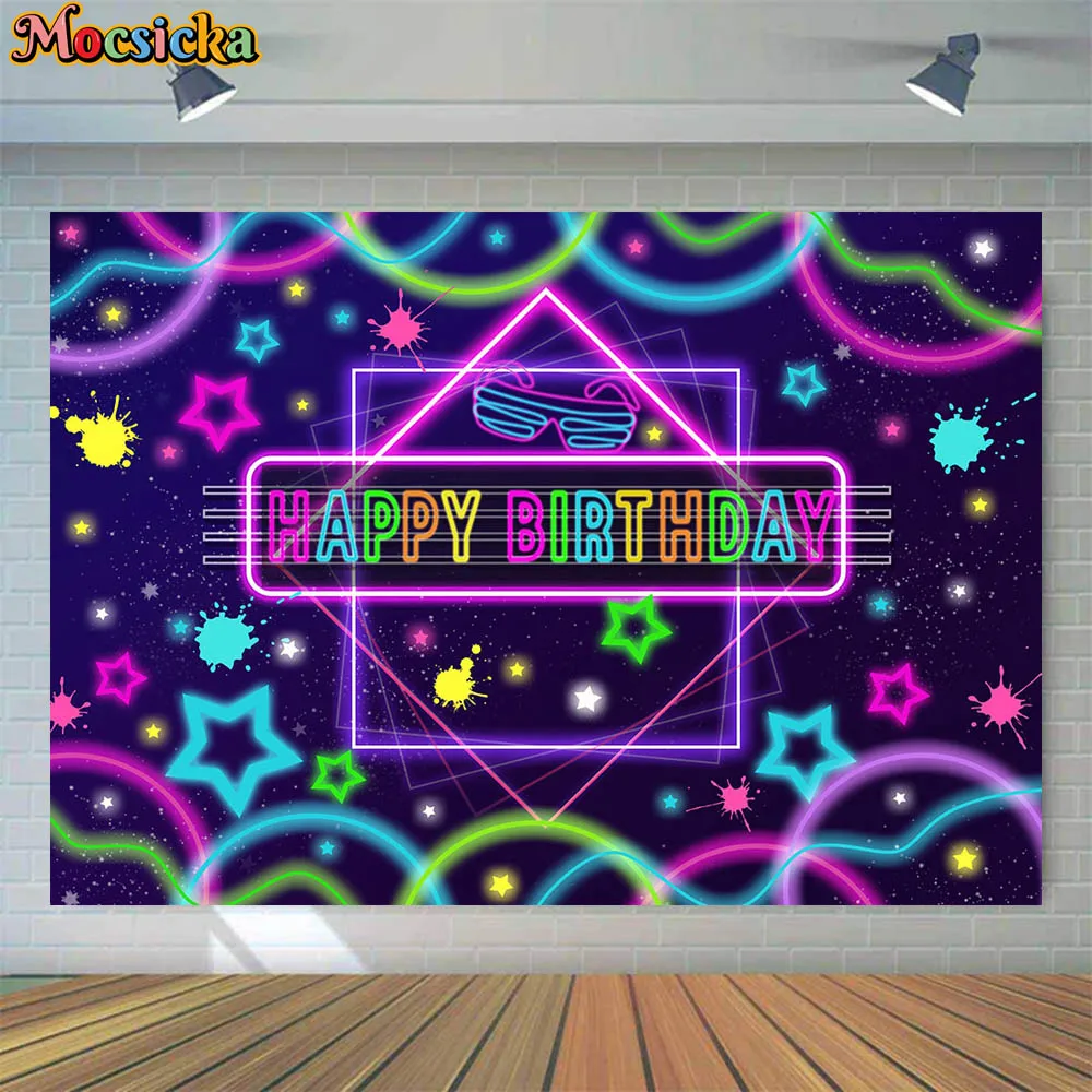 Mocsicka Happy Birthday Backdrop Neon Lights Glow in the Dark Splash Graffti Photography Background 80s 90s Birthday Party Decor