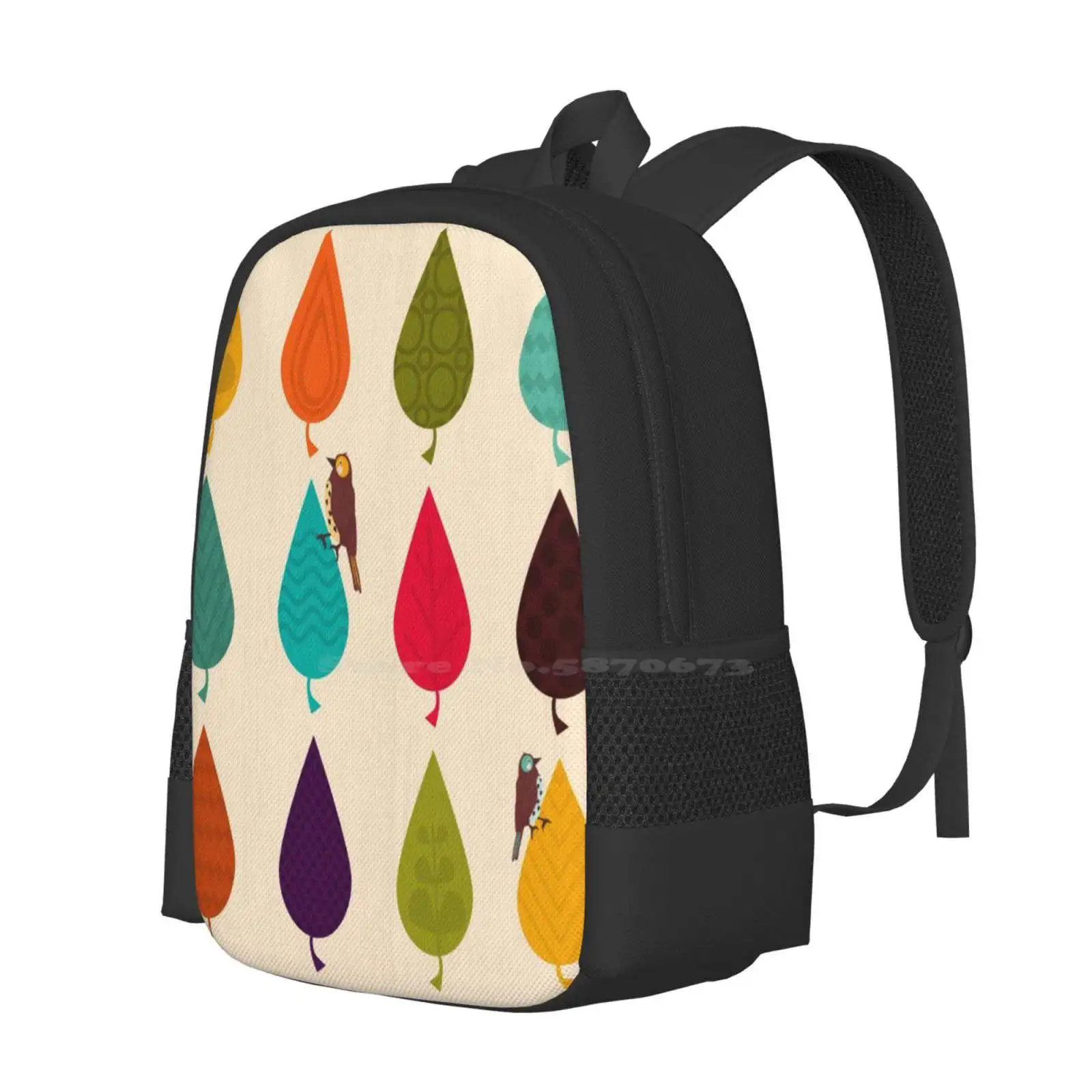 Leaves New Arrivals Unisex Bags Student Bag Backpack Autumn Leaves Bird Orange Yellow Turquoise Pattern Pink Green Brown Beige