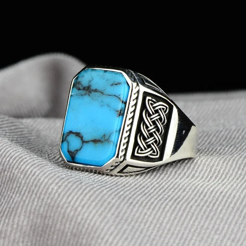 Personalized Vintage Viking Totem Turquoise Men\'s Fashion Accessories Punk Hip Hop Rings