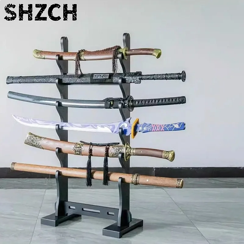 Multi-Tier Solid Wood Katana Display Stand, Bamboo Flute & Xiao Holder Zen Sword Rack
