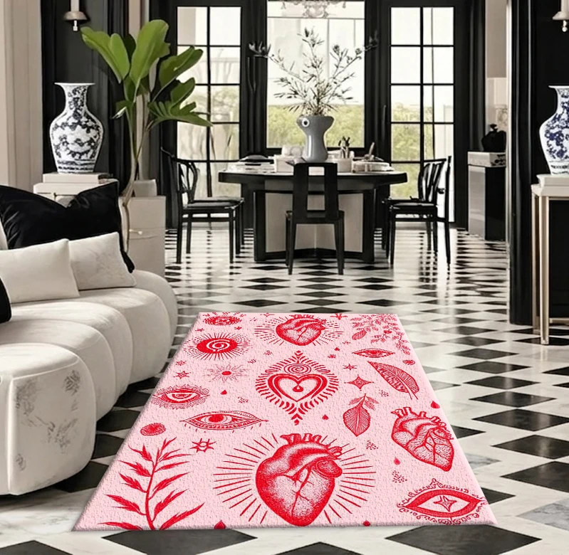Pink Background Red Mystical Heart Eye Symbol Carpet Flooring Retro Occult Hand‑Drawn Art Printed Square Floor Rug for Home Decor