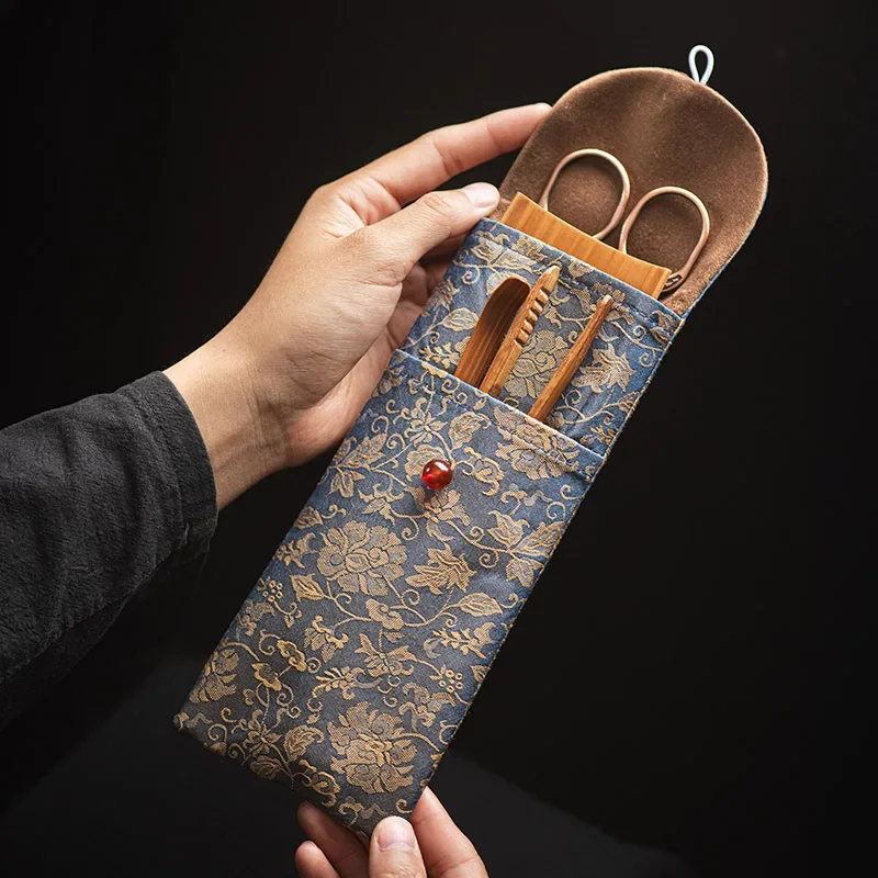 Bamboo four-piece tea ceremony accessories portable storage bag bamboo clip tea scissors tea art tools