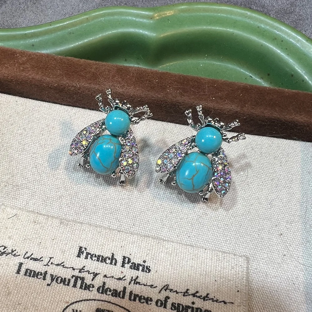 New bee turquoise smart animal versatile high-end sense light luxury niche design exquisite versatile cute earrings