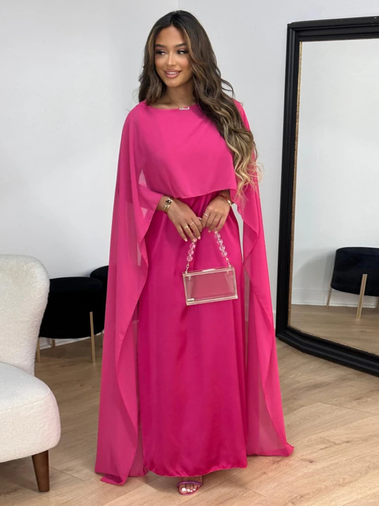 Muslim Robe Women Fashion Longuette Solid Chiffon Party Dress O-Neck High Waist Large Swing Long Skirt Elegant Autumn Outfits