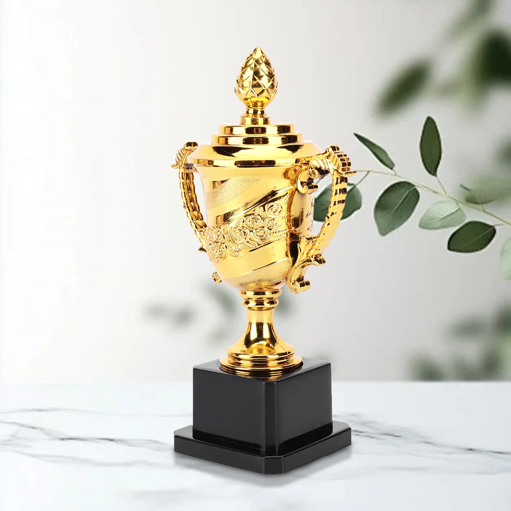 Gold Plastic Trophy Gold Trophy Cup with Lid Basketball Football Trophy Rose Pattern Winners Award Trophy for Competition Race