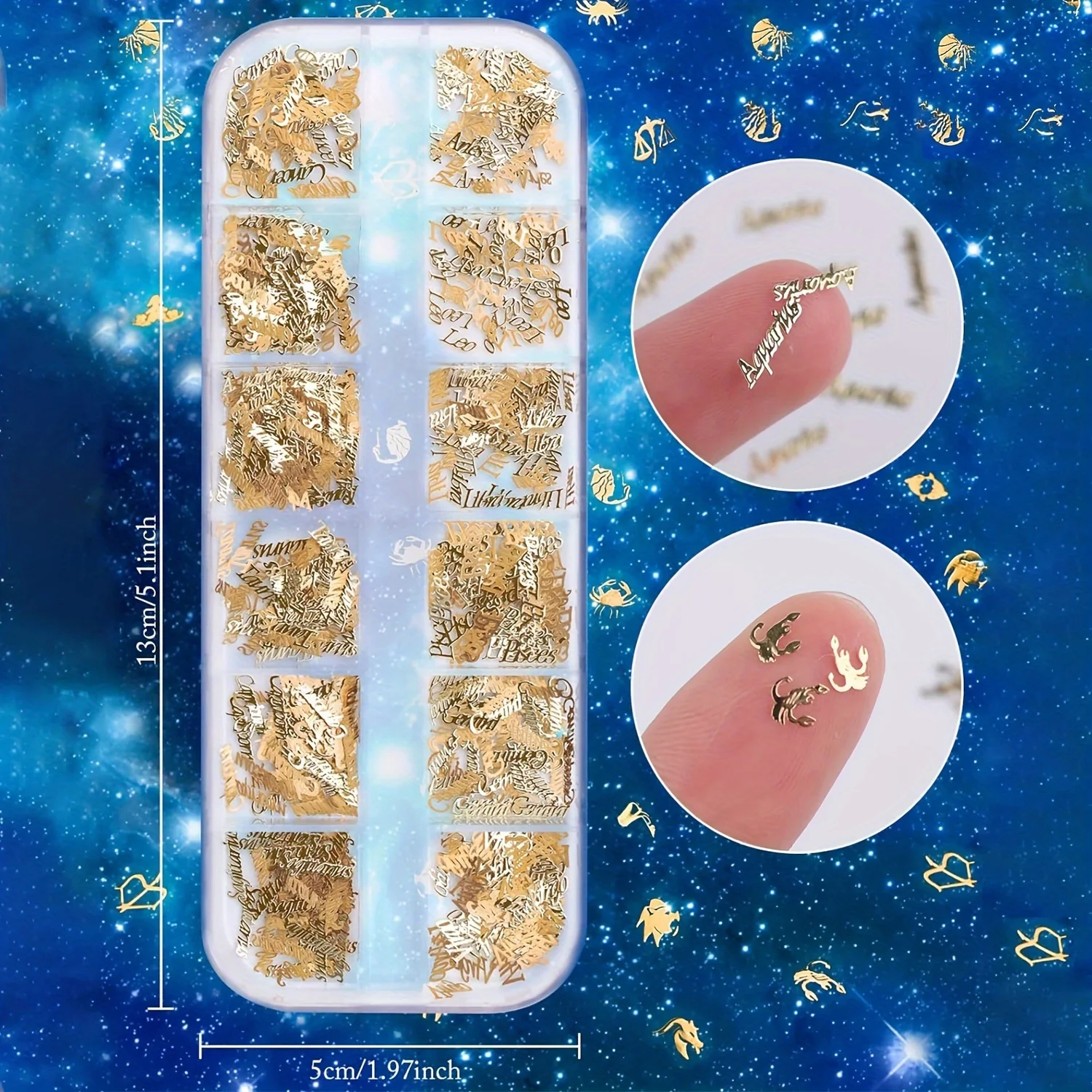 2 Boxes Twelve Zodiac Nail Decoration, Golden Zodiac Nail Art Charm, Alloy Nail Glitter Aquarius Nail Art Decoration