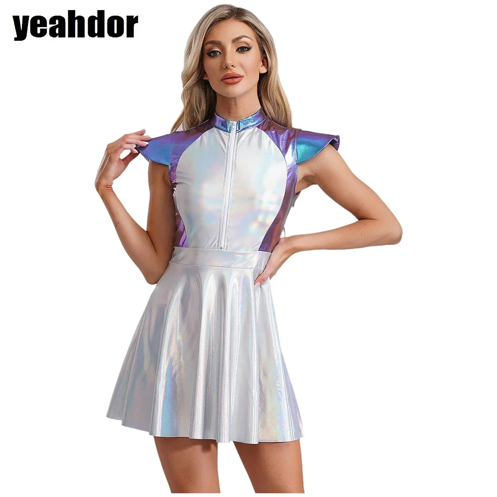 

Women Alien Astronaut Cosplay Costume Outerspace Cap Sleeve Metallic Shiny A-line Dress with Alien Hair Hoop Robot Future World