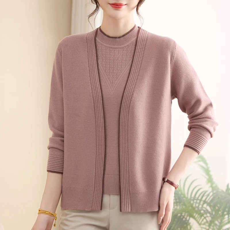 

Two Pieces Sets Sweater Women Autumn Spring Mother Sweater Casual Pull Femme Short Sleeve Top + Cardigans
