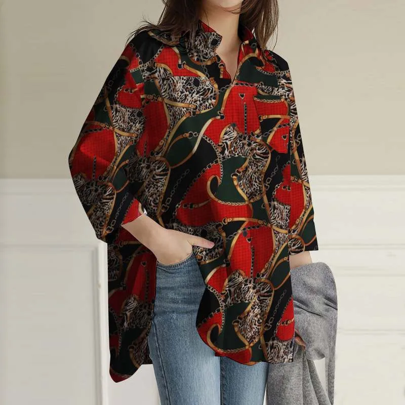 Lente Nieuwe Plus Size Dames Casual Shirt 7XL 6XL 5XL Mode Revers Gedrukt Lange Mouw Zak Losse Top