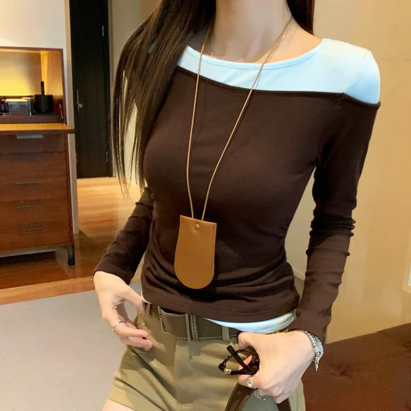 

Осень-зима, лоскутные вязаные женские футболки, вязаные повседневные рубашки с длинными рукавами в Корейском стиле, тонкие женские топы, новинка 2023 года