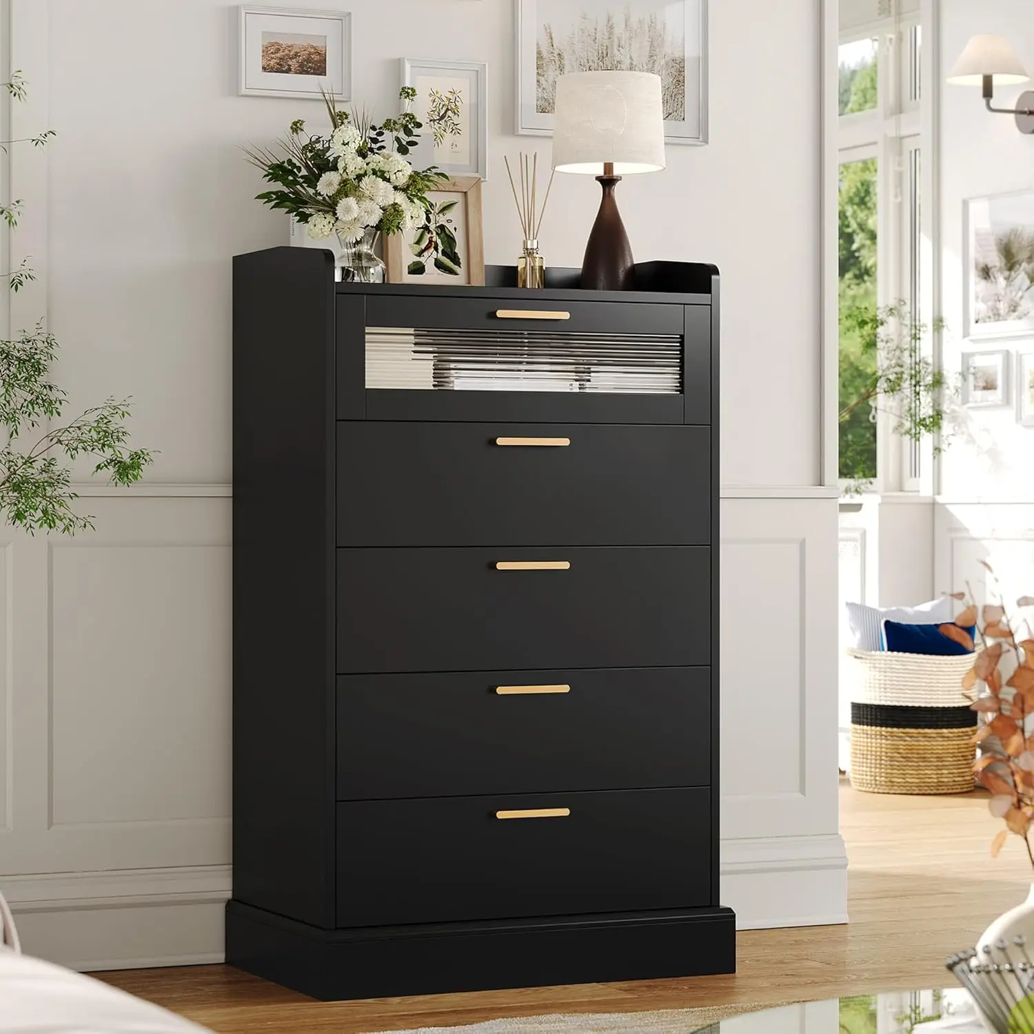 Modern 5 Drawer Dresser, Tall Dresser Chest of Drawers with Gold Handles Wood Dresser Storage Cabinet with Anti-Drop Fence Black