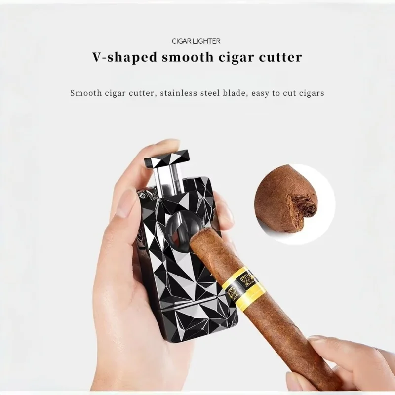 

New Metal Diamond Inflatable Direct Charge Windproof Cigar Lighter Multi functional V-shaped Scissor Puncher Integrated Igniter