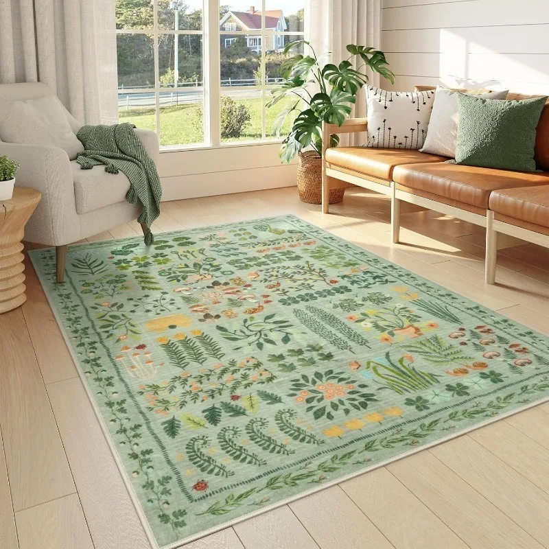 

Retro Living Room Carpets Stylish Floral Print Bedroom Rug Machine Washable Non-slip Light Luxury Sofa Coffee Table Mat Tapis 러그