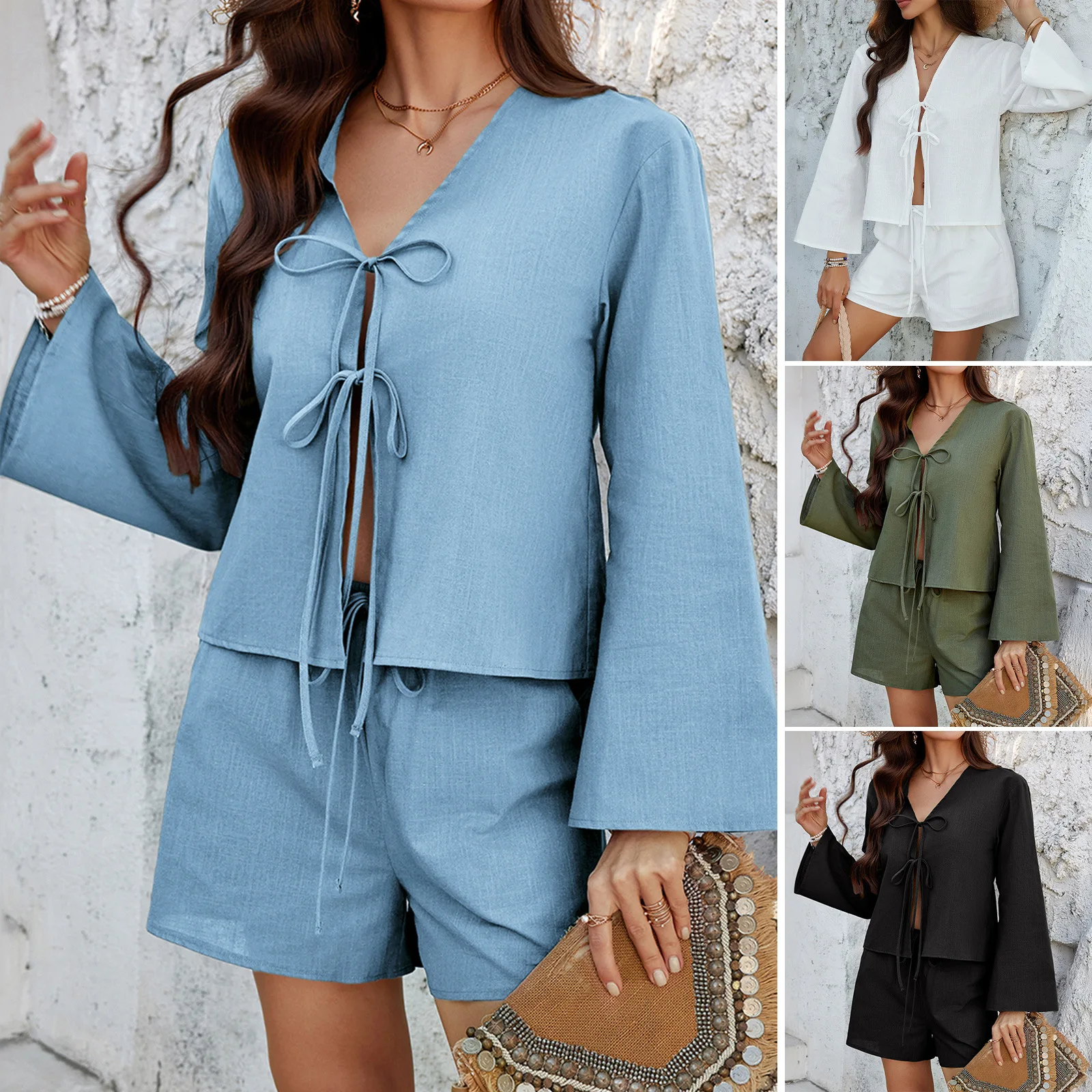 

Europe and the United States new leisure holiday style solid color cardigan long sleeve jacket short pants suit women's clothing